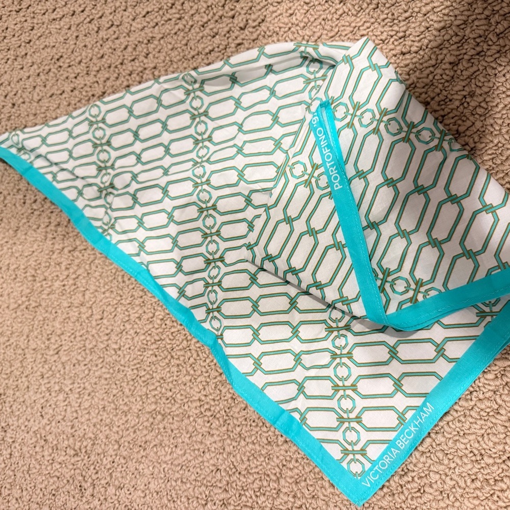 Victoria Beckham White and Turquoise Geometric Silk Scarf